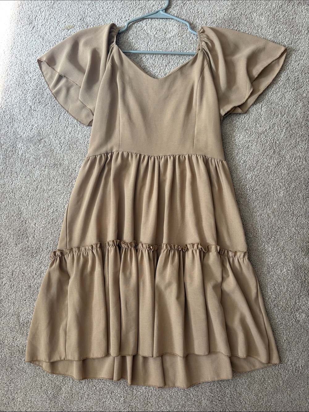 Tan Tiered Flutter Sleeve Dress